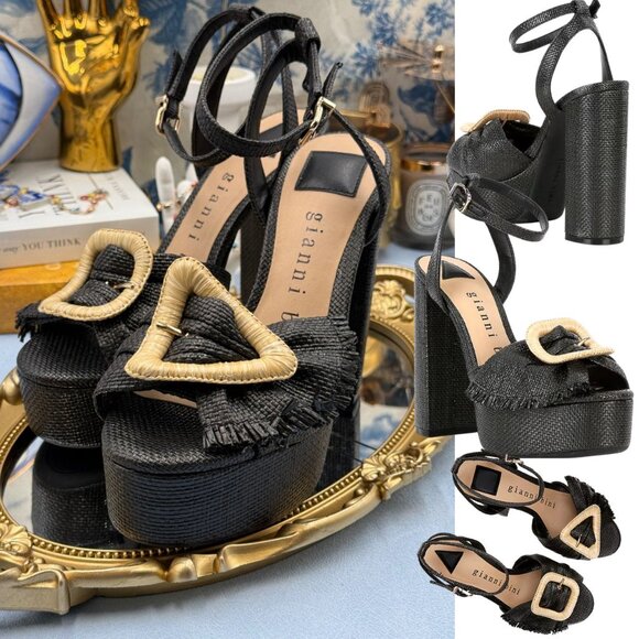 🆕 GIANNI BINI 🧿 NWOB Tobias Raffia Platform Mismatched Buckle Sandals, Sz 7M